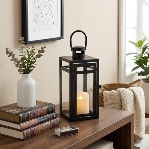 TRIROCKS Metal Candle Lantern 12'' High Decorative Outdoor Lantern Hanging Lantern with Tempered Glass for Christmas Home Decor Living Room Parties Events Tabletop Indoors Outdoors (Black Matte) - Image 4