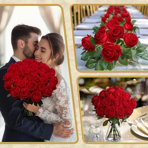 30 PCS Fake Red Roses, Artificial Flowers Bulk, Silk Faux Red Roses - Image 3