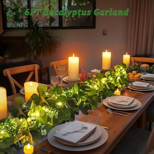 N&T NIETING 6 Pack Artificial Eucalyptus Garland with Lights, 6FT Artificial Greenery Summer Garlands, Battery Operated Twig Vine for Room Stairs Mantle Wedding Holiday Decoration Indoor Outdoor - Image 2