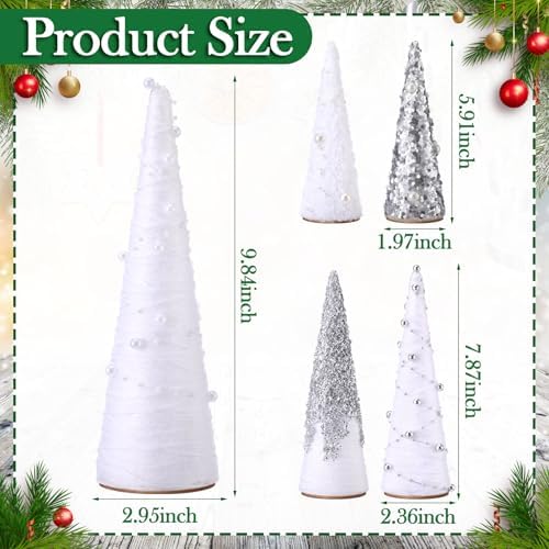 Realspring 5 Pcs Silve and White Christmas Cone Tree Centerpiece Decor - Image 3