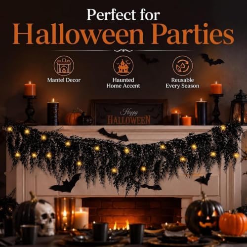 Halloween Lighted Creepy Vine Garland LED Black Vine Fireplace Decor，8.8ft - Image 5