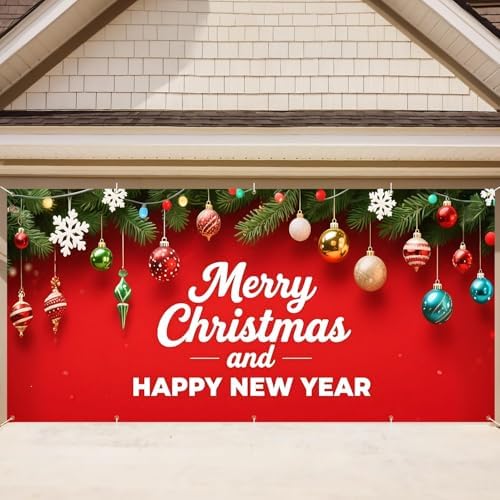 16x7Ft Dual Holiday Garage Door Banner - Happy New Year on Red Background with Ornaments Large Backdrop cover,Outdoor/Indoor Decor for Party Home by THISFIND