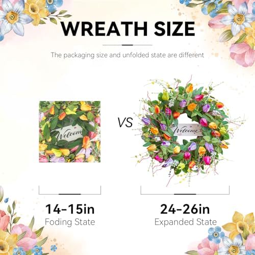 Summer Spring Wreaths for Front Door 26 Inch, Tulip Spring Summer Wreath with Welcome Sign, Artificial Floral Spring Door Wreath for Outdoor Front Door, Farmhouse Seasonal Summer Wreath - Image 5