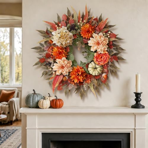 24"Artificial Silk Hydrangea Flower Dahlia Fall Wreath for Front Door Decor - Image 4