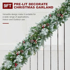 9ft Artificial Christmas Snow Garland with 50 led Lights Timer, Pine Cone, Christmas Red Berry Garlands Battery Powered Outdoor String for Mantle Stairs Railing Fireplace Door - Image 3