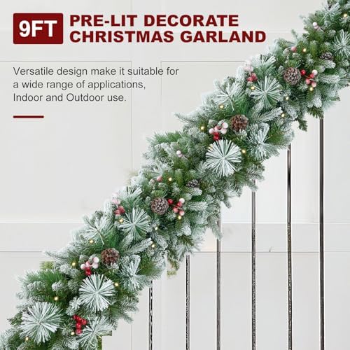 9ft Artificial Christmas Snow Garland with 50 Clear Lights, Pulg in, Pine Cone, Red Berry Battery Powered String Light for Outdoor Indoor, Home Decoration Mantle Stairs Railing Fireplace Door - Image 3