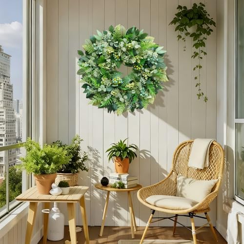 26 Inch Green Wreath for Front Door - Artificial Greenery Wreath with Berries, Indoor Outdoor All Season Year Eucalyptus Wreath for Farmhouse Home Decor, Spring Summer Fall Winter - Image 6