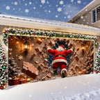 Funny Santa Claus Christmas Garage Door Banner 7x16 FT, Large 2-Car Brick Wall Breaking Through Outdoor Mural Backdrop, Cool Holiday Hanging Peeking Cover Sign Decoration for House Exterior Party - Image 3