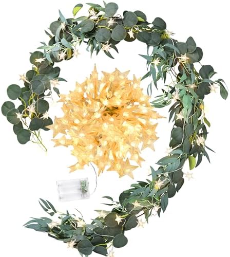 FiveSeasonStuff Eucalyptus and Willow Garlands with 80 LED Star String Lights, 2 Artificial Greenery Vines, Battery-Powered Fairy Lights for Mantels and Wall Displays by FiveSeasonStuff