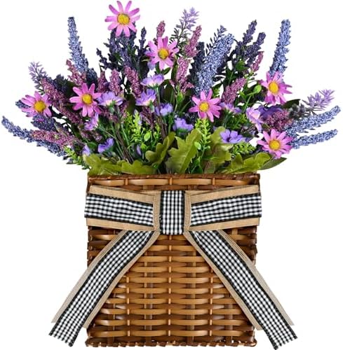 Spring Lavender Basket Wreath for Front Door 15" Purple Hanger Basket Artificial Grains Green Leaves with Purple Daisy Summer Wreaths Baskets for Indoor Farmhouse Porch Entryway Wall Home Decor by Kuabiz