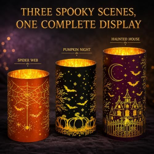 Wind Shear Lighted Halloween Glass Lanterns Set of 3, Tabletop Decor - Image 2
