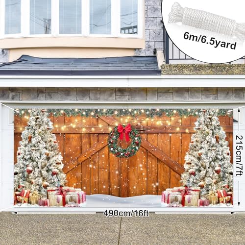 Whaline Rustic Christmas Garage Door Cover 7 x 16 Ft Wood Texture Board Door Cover Extra Large Yard Sign for Xmas Indoor Outdoor House Wall Party Decor - Image 2