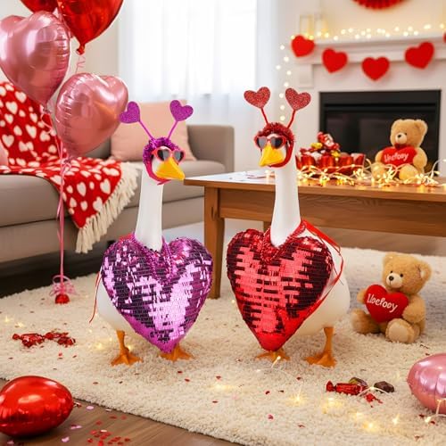 Abbylike 2 Sets Valentine's Day Porch Goose Outfits Love Heart Yard Goose Clothes Costume Fits Large 23'' Cement for Garden Yard Statue Pathway Decorations - Image 2