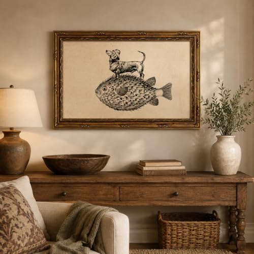 Gold Framed Dog on Fish Wall Art, Funny Animal Canvas Print, 24x16 - Image 3