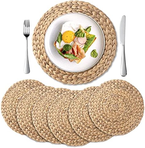 6 Pack, Round Woven Placemats, Natural Water Hyacinth Wicker Place mats, Braided Straw Table Mats, Charger Plates for Dining Table, Fall, Thanksgiving, Christmas (13.8 inch) by YANGQIHOME