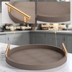 2 Piece Coffee Brown Round Serving Tray with Handles, Woven-Texture Faux Leather Ottoman Tray for Living Room, Decorative Tray for Coffee Table Home Decor - Image 4