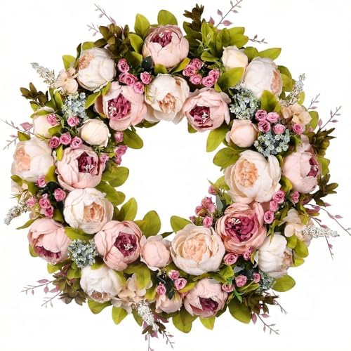 Front Door Wreath, 22 Inch Summer Fall Wreath Handmade Peony Rose Door by Covanm