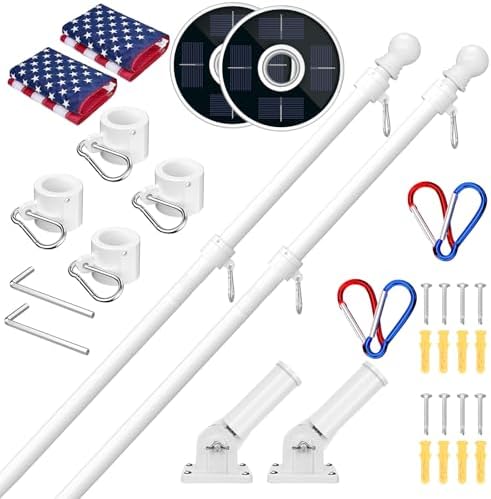 ZMTECH 2 Pack 6FT White Flag Pole Kit with Solar Light and Proud American Flag, Adjustable Bracket and Upgraded Tangle-Free Ring 1" Stainless Steel Flagpole for Day and Night, Residential, Commercial by HighQualityGardeningTools