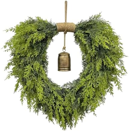 20" Heart-Shaped Wreath for Front Door – Faux Greenery with Rustic Bell – Waterproof & Fade-Resistant Christmas Decor for Porch, Holiday Wall or Indoor Use by WelcomeHomeEVDBOBO