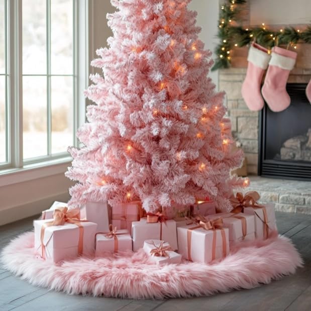 AOGU 48 Inch Faux Fur Christmas Tree Skirt Pink Plush Skirt for Merry Christmas Party Christmas Tree Decoration - Image 7