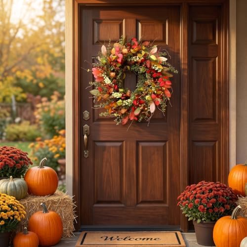 22" Berry Branches Fall Wreath with Colorful Mixed Leaves, Flowers & Twigs - Image 5