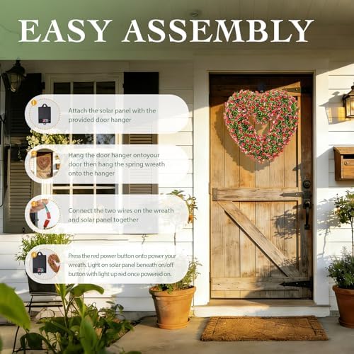 Valentine’s Day Solar Spring Wreath for Front Door 18inchWreath Pre-lit 30LED Wreaths Spring Summer Decor for Outside Aftificial Red Floral Wreaths Home Decorations Wreath - Image 3