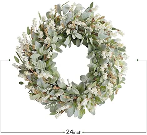 24 Inch Summer Spring Ivory Flowers Wreath for Front Door, Everyday Lamb Ears Leaves Wreath with White Artificial Flower for Indoor and Outdoor, Rustic and Farmhouse Greenery Flower - Image 5