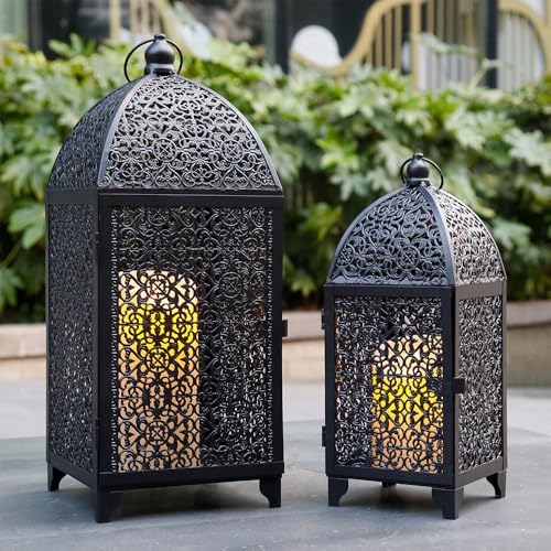 TRIROCKS Set of 2 Vintage Decorative Candle Lantern 12''&16.5'' High Metal Candle Holder Hanging Lantern with Hollow Pattern for Living Room Garden Parties Events Indoors Outdoors(Black) - Image 3
