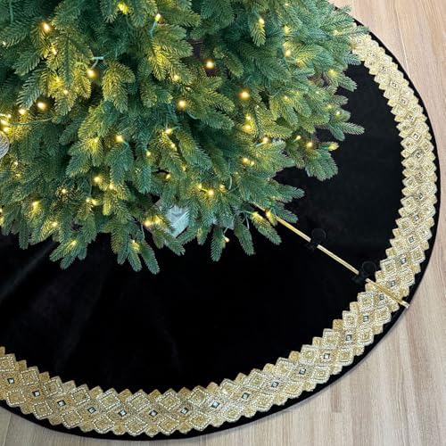 72-Inch Venetian Gilded Velvet Christmas Tree Skirt with Gold Embellished Border, Foam-Padded, Button Closure, Black by StarryDynamo