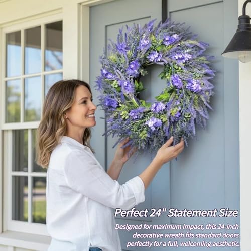26" Artificial Spring Wreath for Front Door - Large Silk Hydrangea Daisy Rose Mixed Floral Wreath - Farmhouse Porch Wall Decor, Easter Mother's Day Decoration (Multicolor) (Purple, 24in) - Image 2