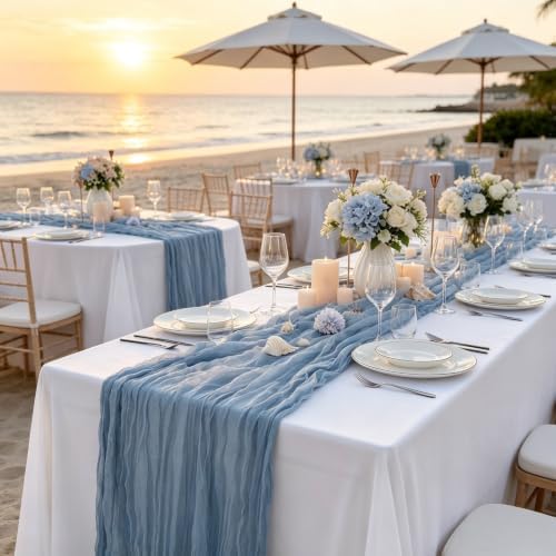 16 Pack Dusty Blue Cheesecloth Table Runner 10Ft Boho Gauze Table Runners 35x120 Inch Blue Cheese Cloth Table Runners Long Sheer Table Runners for Wedding Bridal Shower Birthday Party Table Decor - Image 7