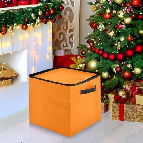 YETTASBIN Orange Solid Color Large Christmas Ornament Storage Box with Zipper & Adjustable Dividers, Storage Container with Lid & Handles for 64 Holiday Ornaments 3-Inch, 13 x 13 Inch - Image 7