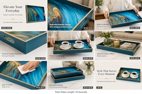 Decorative 2 pcs Tray Set with Gold Handles, Elegant Luxury Style, for Living Room, Kitchen and Vanity (Marble Blue Design) - Image 2
