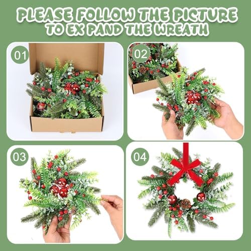 8 Pcs Christmas Candle Rings Wreaths Artificial Snowy Pine Cedar Red Berry Clusters Candle Rings Wreaths Mini Christmas Balls Wreath for Xmas Winter Front Door Window Decorations - Image 4