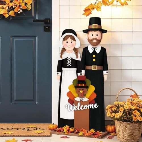 Fall Welcome Sign for Front Door, 36" Thanksgiving Pilgrim Couple with Turkey, Wooden Standing Sign, Autumn Front Porch Decor for Outdoor Indoor Yard Garden by Unknown