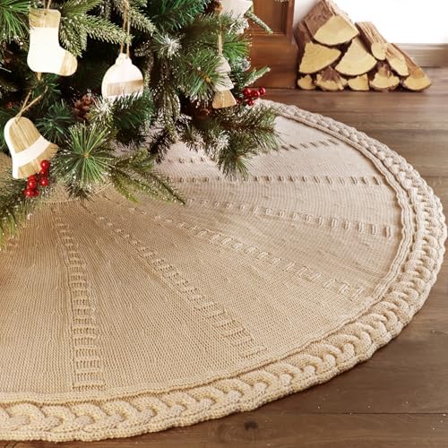 60 inch Christmas Tree Skirt: Large Tree Skirt for 9ft Tree, Braided Cable Knit Beige Tree Skirt, Vintage Tree Skirts, Rustic Farmhouse Christmas Decorations - Image 4