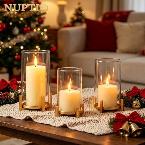 NUPTIO Gold Pillar Candle Holder: Hurricane Glass Candle Stands with Sleeve - Image 4