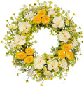 24 Inch Spring Yellow Floral Wreath for Front Door, Artificial Camellia & Orchid Wreath with Eucalyptus Greenery, Farmhouse Door Decor for Spring Summer Wedding Wall Window by wwmira