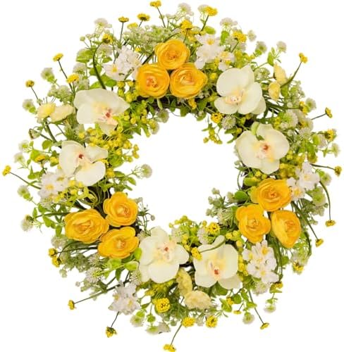 24 Inch Spring Yellow Floral Wreath for Front Door, Artificial Camellia & Orchid Wreath with Eucalyptus Greenery, Farmhouse Door Decor for Spring Summer Wedding Wall Window by wwmira