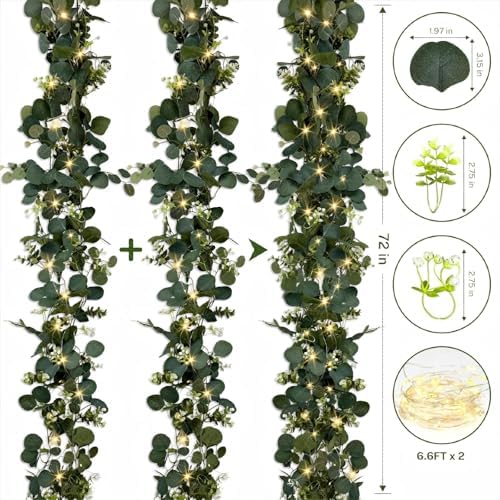 Eucalyptus Garland with Lights, 4 Packs 6FT Green Flower Garland Decor, Artificial Faux Eucalyptus Leaves Greenery Vines for Table Runner Wedding Centerpieces Backdrop Decorations (Warm Color) - Image 2