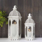 JHY DESIGN Set of 2 Decorative Candle Lanterns 22"&17" H Outdoor Vintage Metal Candle Holder for Garden Living Room Indoor Parties Weddings Patio Home Decor(White with Gold Brush) - Image 6