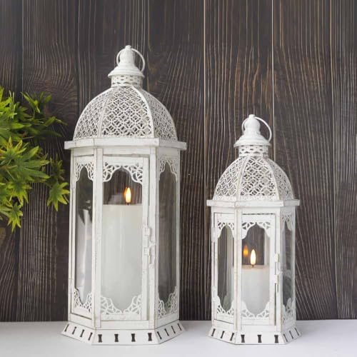 JHY DESIGN Set of 2 Decorative Candle Lanterns 22"&17" H Outdoor Vintage Metal Candle Holder for Garden Living Room Indoor Parties Weddings Patio Home Decor(White with Gold Brush) - Image 6