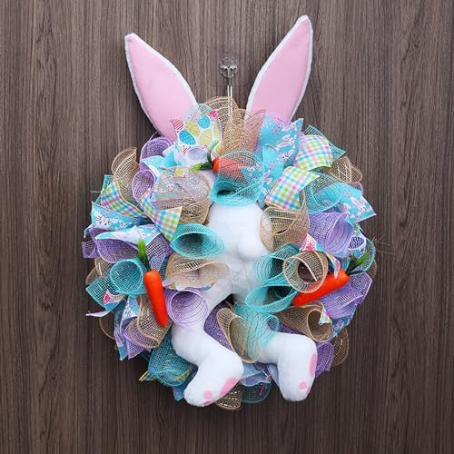 Easter Wreaths for Front Door with Lights,Easter Door Wreath,Easter Mesh Wreath,Bunny Spring Colorful Easter Decorations Holiday Ornament for Home Indoor Outdoor Supplies (Blue Bunny Butt) - Image 6