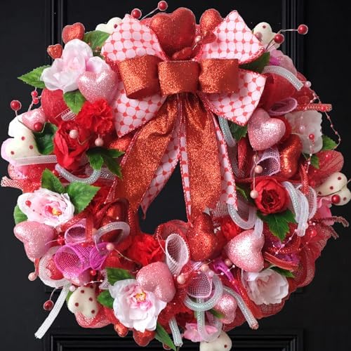 TEMPUS 18 Inch Pink Red Mesh Wreath with 3D Heart Valentine's Day Bow for Front Door Decorations by TEMPUSDECOR