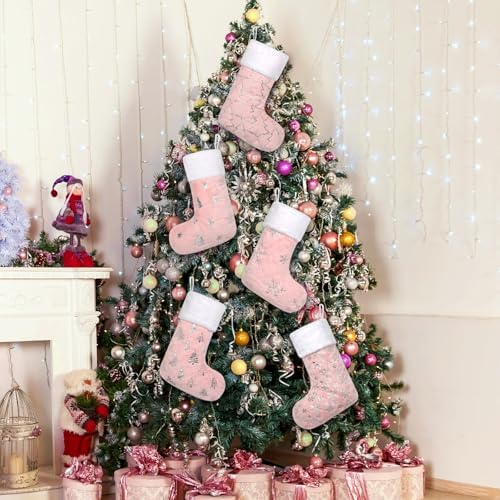 Pink Christmas Stockings Set of 5 - Lage Elegant Faux Fur Xmas Stockings with Silver Christmas Tree Snowflake Designs, Pink Christmas Decoration for Holiday Party Home - Image 6