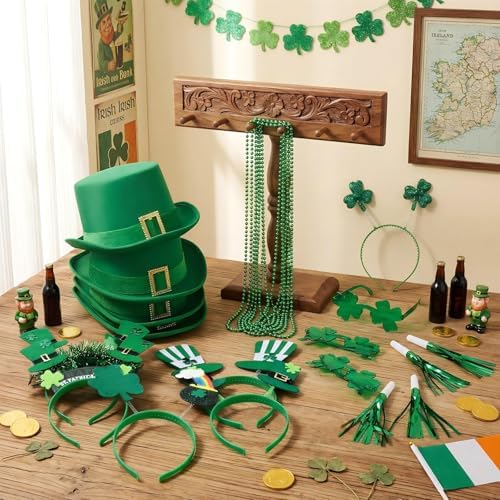 Kenning 48 Pcs St Patricks Day Accessories Party Favors Set, St Patty's Day Decorations, Leprechaun Hat Irish Headband Shamrock Glass Necklace Foil Horn for Saint Patricks Party Supplies Parades Gifts - Image 2