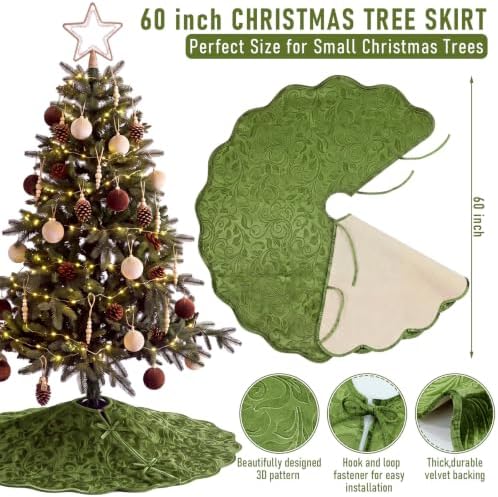 Velvet Christmas Tree Skirt Decor, 60 Inches, Scalloped Edge, Olive Green - Image 2