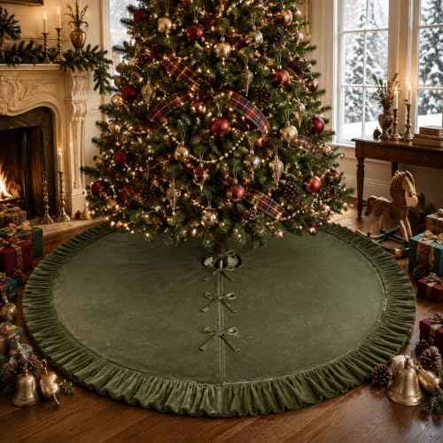 72 Inch Velvet Christmas Vintage Tree Skirt, Olive Green by Motionchic