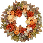 24" Fall Wreath with Pumpkins Dahlias Daisies Berries & Eucalyptus Leaves by NatureCrafted