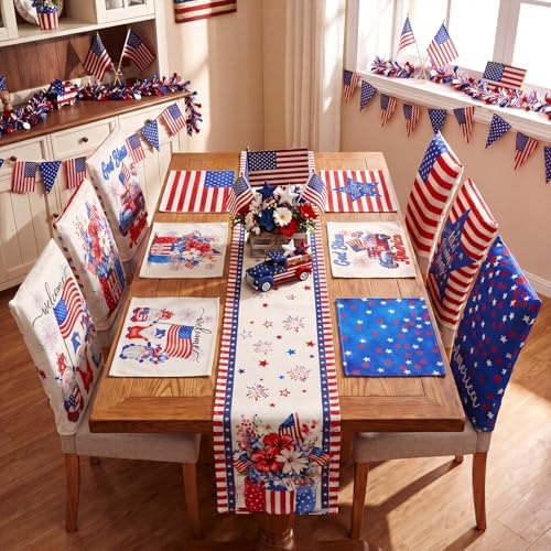 Newtay 13 Pcs 4th of July Table Runner Placemats and Dining Chair Cover Set Patriotic Red White Blue Decoration for 250th Anniversary Memorial Independence Day Kitchen Dining Home Party Decor(Classic) - Image 5